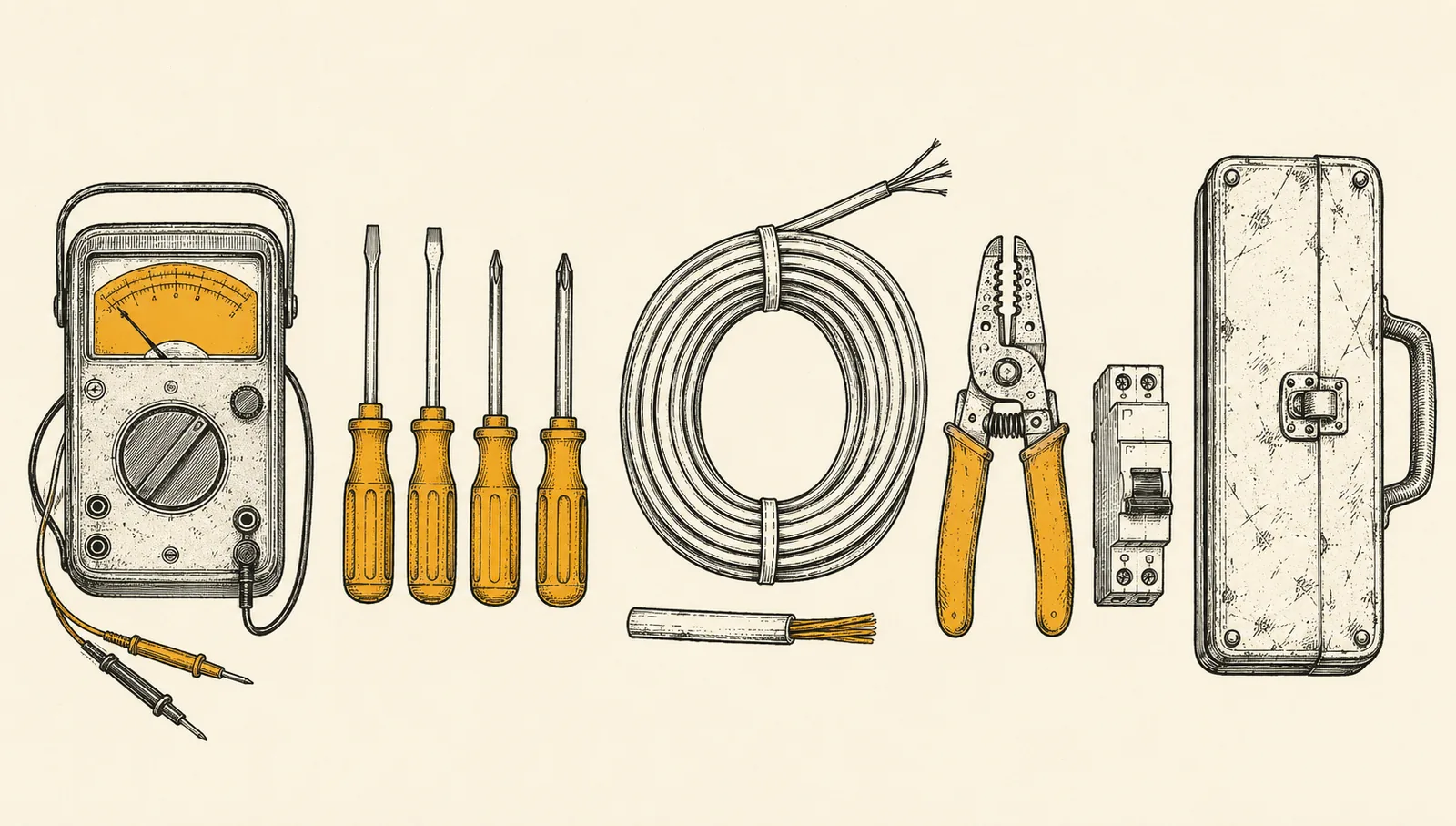 Ilustrație de atelier cu scule și componente electrice